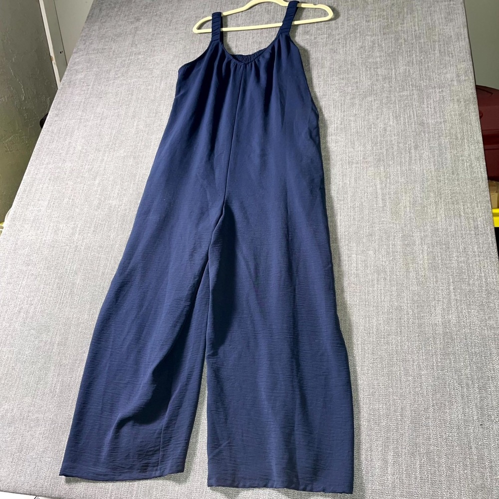 Maurices Jumpsuit Womens Large Navy Blue Wide Leg V Neck Relaxed Fit Smocked